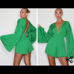 Green Satin Plunge Pleated Romper 